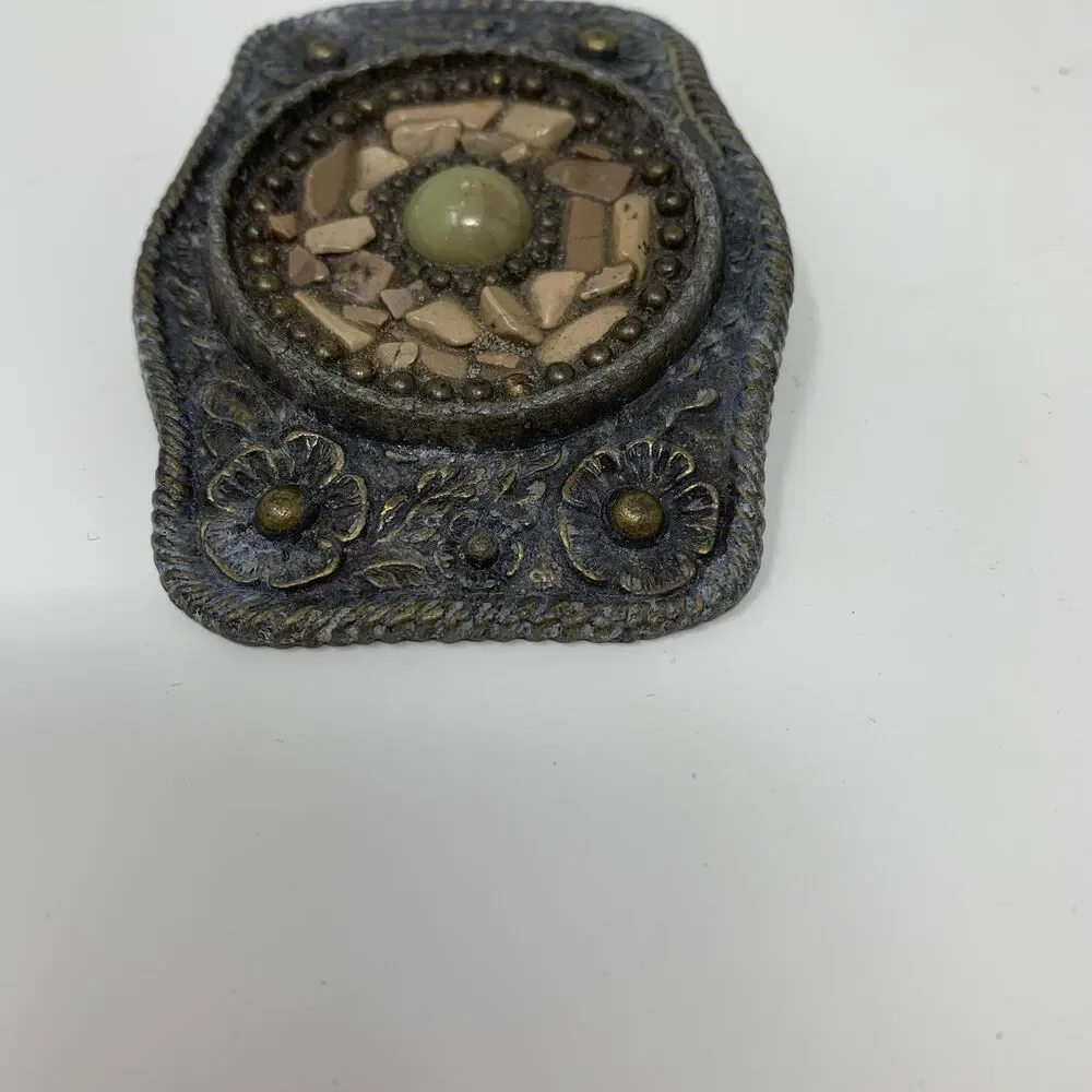 Western Belt Buckle Mens Gray Floral Metal Beaded Stone Mosaic Cowboy Rustic